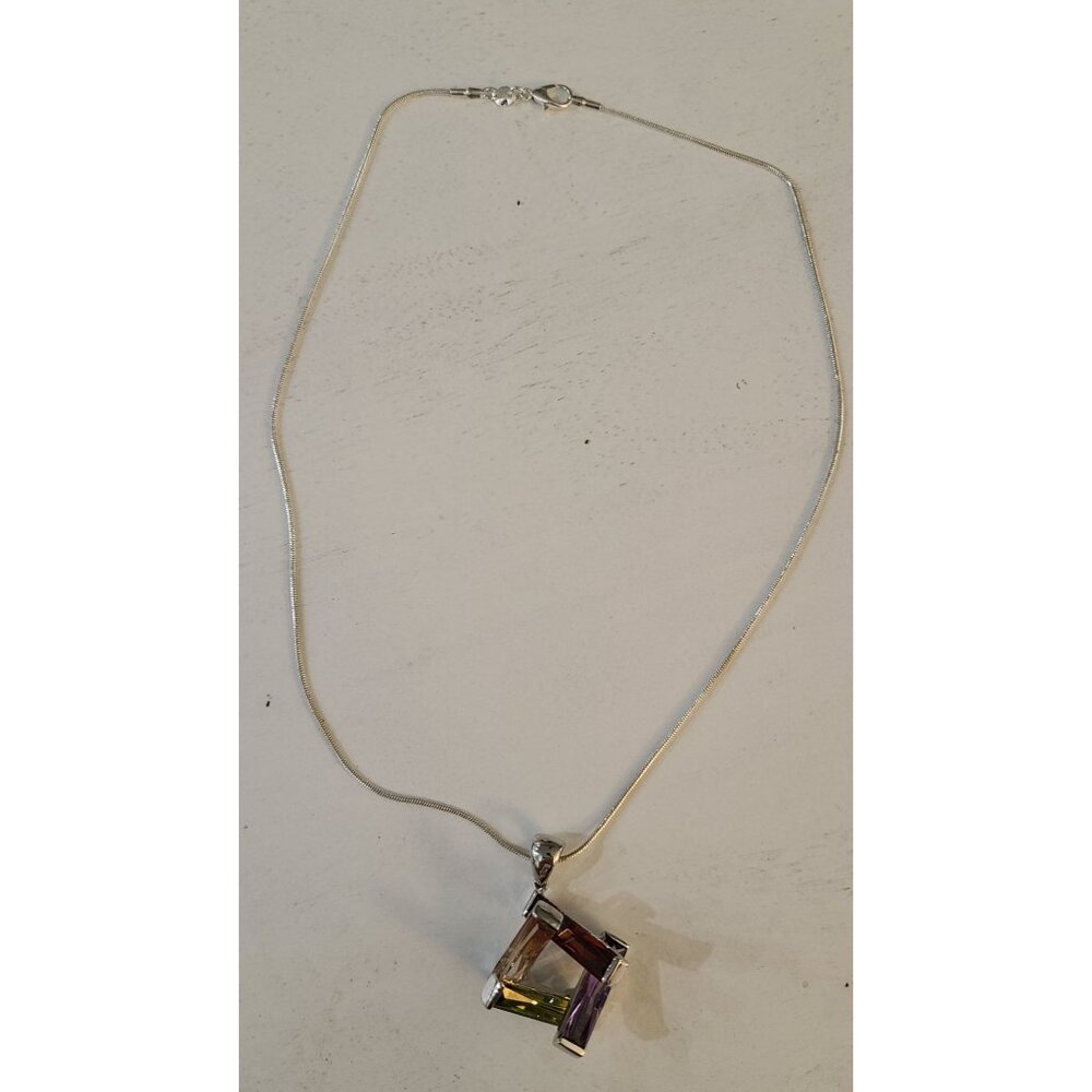 Modernist 925 Sterling Silver Geometric Pendant Necklace Multi-Color Gemstones